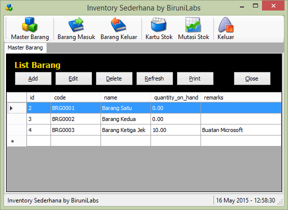 Aplikasi Inventory Sederhana User Interface Antarmuka Pengguna Form Utama Master Barang